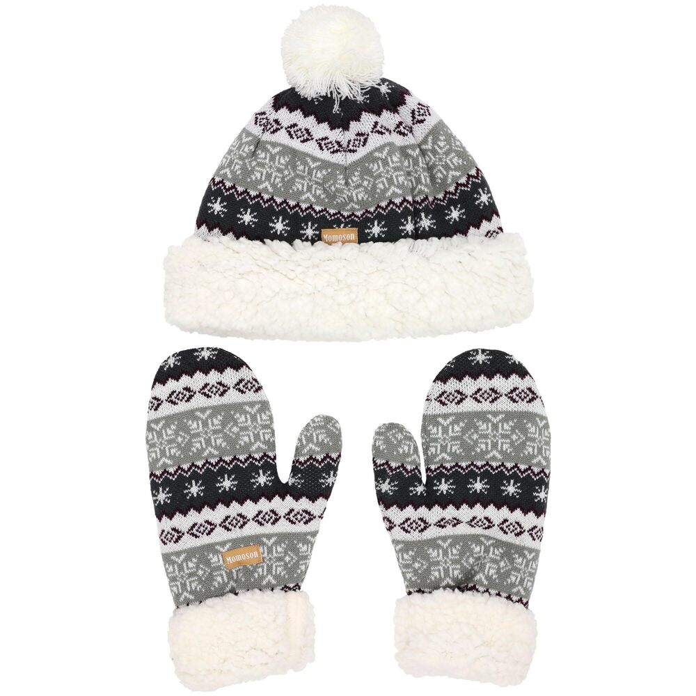 6607 Classic Winter Fleeced Thermal Pom Pom Beanie Hat and Mittens Set